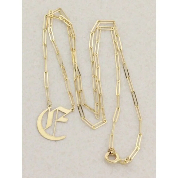14k Yellow Gold Letter E Gothic Cursive E Necklace 18" Chain - Picture 7 of 9
